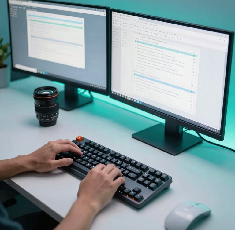 Overhead workspace shot, hands on mechanical keyboard, dual monitors showing clean data workflows, cool focused studio light with subtle neon-teal ambient backlighting, 35mm lens
