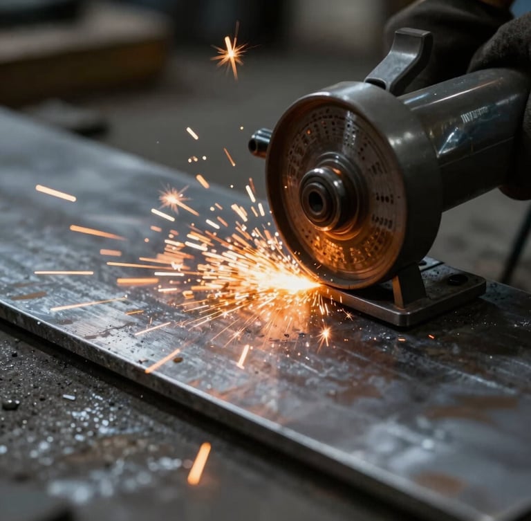 Close-up macro shot of bright orange sparks flying from a grinder on raw steel sheets, dramatic high-contrast side-lighting in an industrial workshop, 35mm