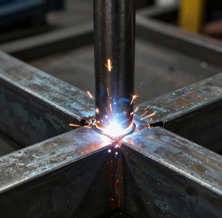 Close-up of clean MIG weld beads on a heavy steel joint, high-contrast workshop lighting, cool steel tones with warm orange spark highlights, 35mm