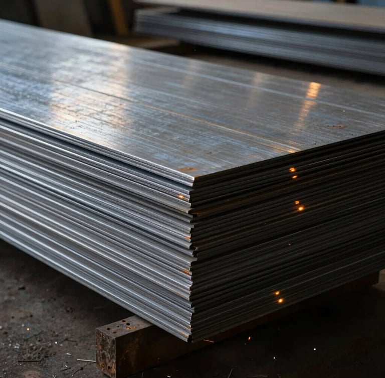 Industrial workshop photography, sharp details of raw steel sheets stacked in the shop, dramatic high-contrast side-lighting, cool steel tones, 35mm