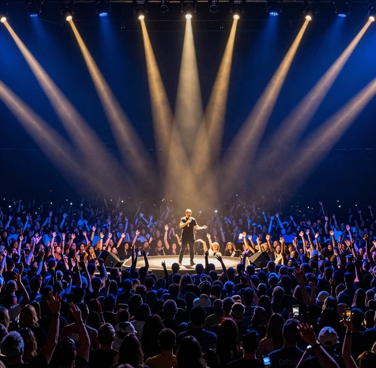 High-contrast event photography, Paulo Vieira on stage illuminated by dramatic gold spotlights, massive arena crowd of 10,000 people with raised hands, cinematic deep blue tone.