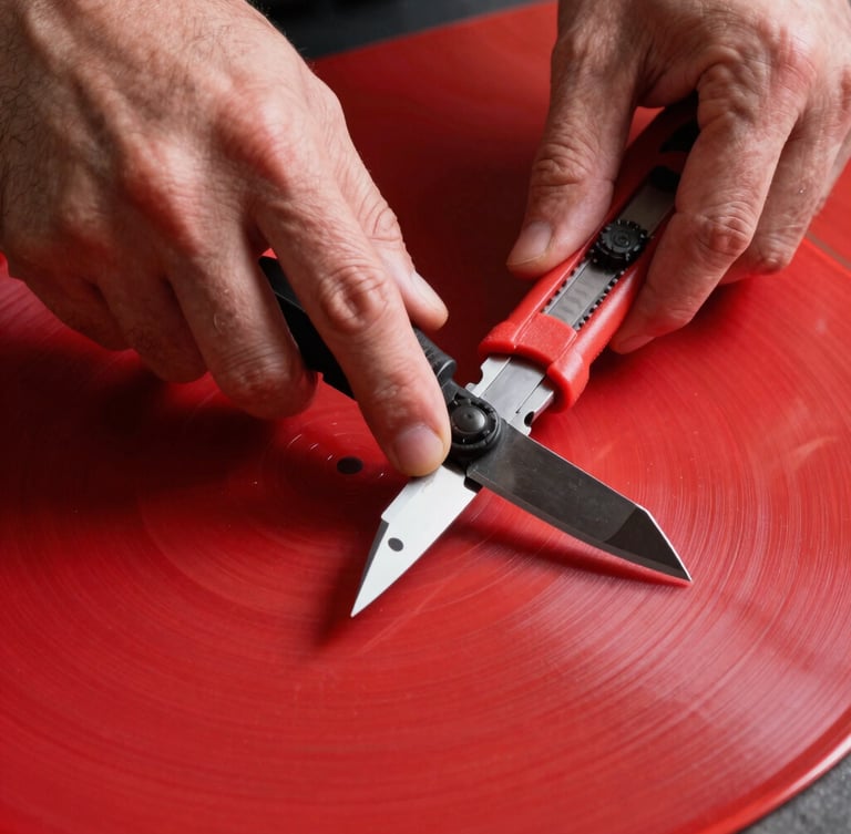 Extreme close-up of hands cutting thick red vinyl sheets with a utility knife, hard studio flash, stark black drop shadows, dynamic Dutch angle.