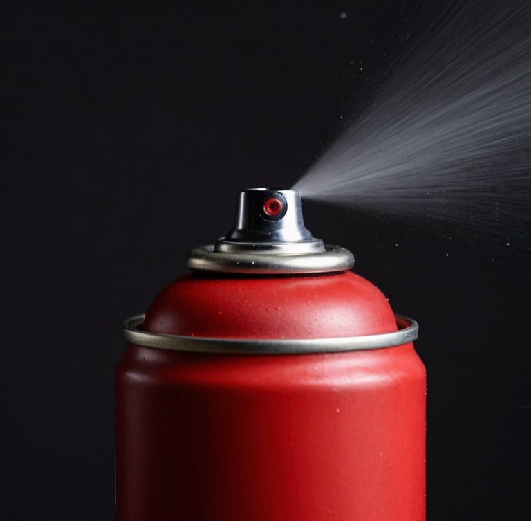 Extreme close-up of a bright red spray paint can spraying a thick black line, hard direct studio flash, stark contrast.