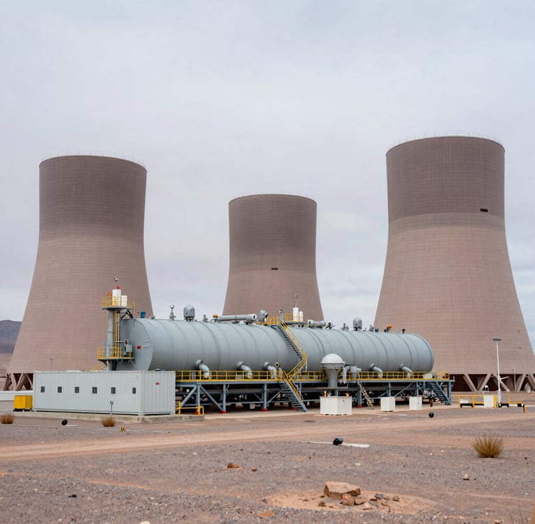 Wide environmental shot of a multi-megawatt containerized diesel power plant deployed in the high-altitude Atacama desert under an overcast industrial sky