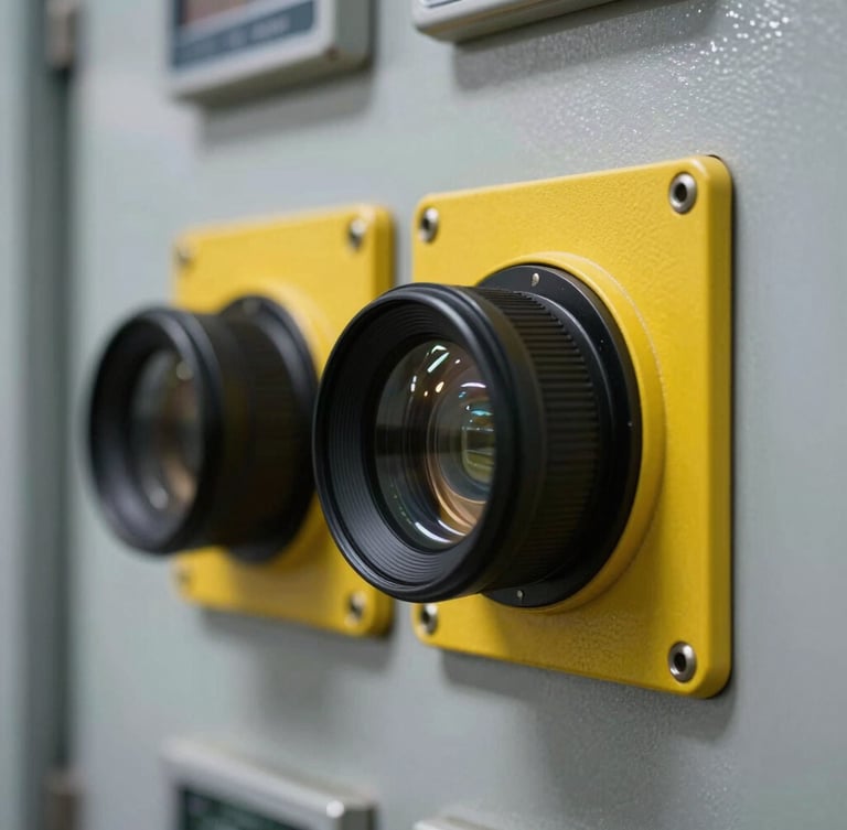 Extreme close-up of heavy-duty synchronization switchgear, sharp steel and safety-yellow accents, high-contrast lighting.