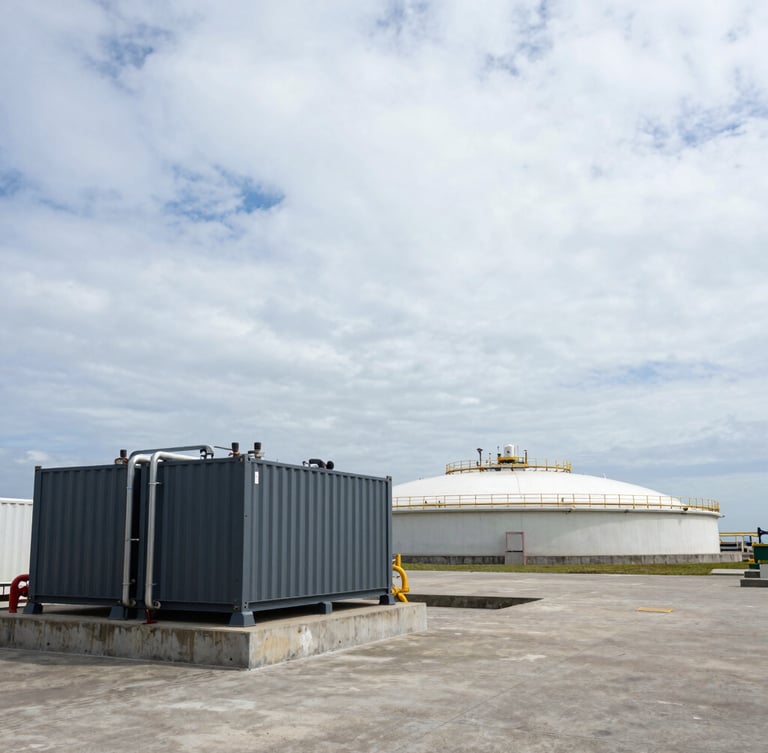 Wide-angle environmental shot of a coastal desalination plant under an overcast sky, with heavy-duty containerized diesel power integration units positioned on concrete plinths in the left foreground, high-contrast natural daylight.