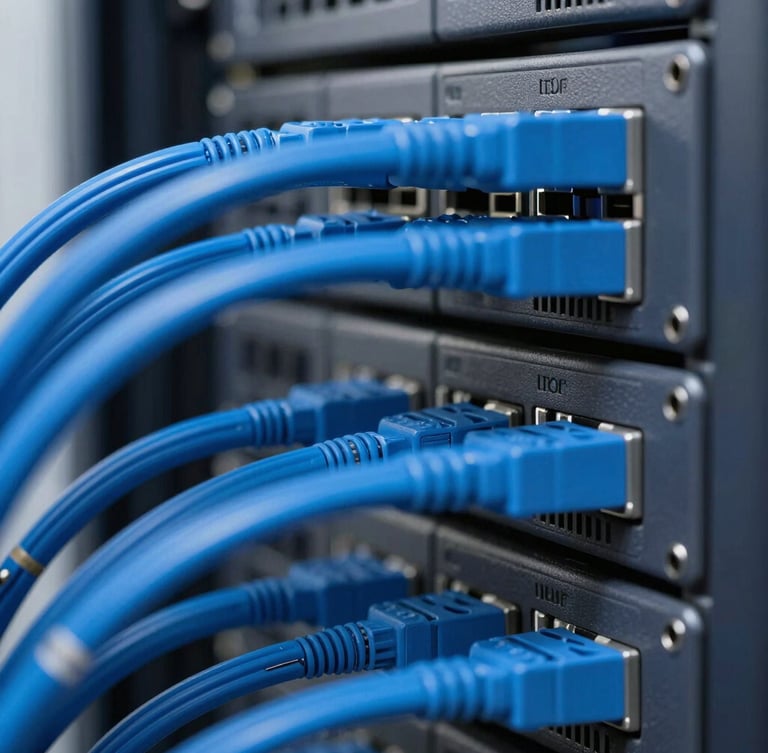 Macro close-up of cleanly organized server racks with immaculate blue cabling, cool crisp daylight, sharp technical focus