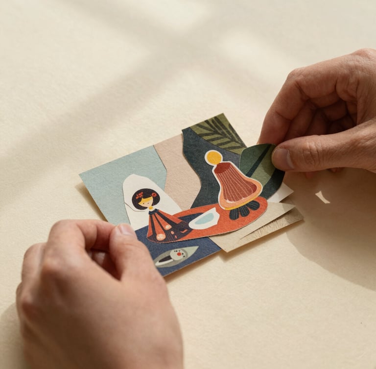Close-up of hands arranging a physical paper collage on a textured cream background, warm natural window shadows, rich tactile details.