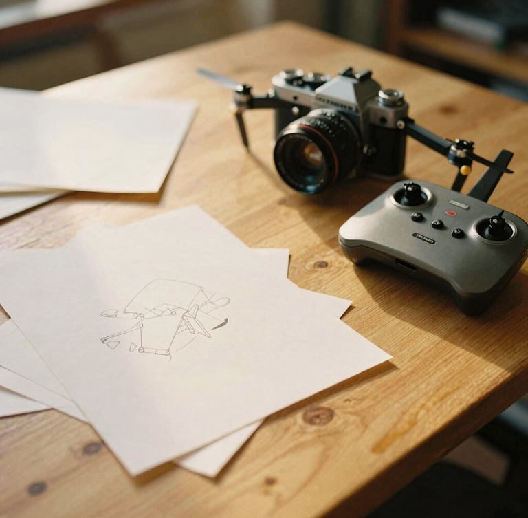 A cozy artist workshop table at golden hour, scattered paper clippings, a vintage camera, and a drone controller on a warm wooden surface, shallow depth of field.