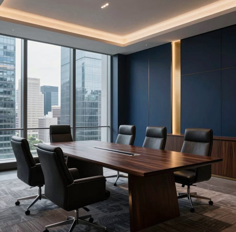 Modern, elegant boardroom interior, minimalist design with a large polished dark wood table and high-back leather chairs, natural light streaming through large windows overlooking a city skyline, low-key dramatic corporate lighting, premium corporate photography.