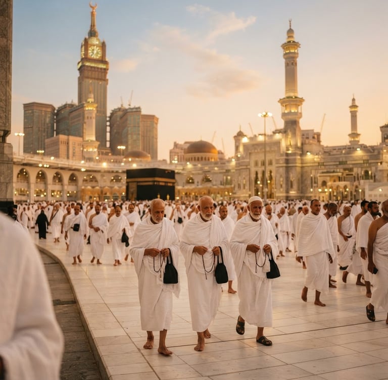 A serene wide shot of pilgrims in clean white ihram garments walking gracefully near the grand mosque in Mecca during the golden hour, soft focus, warm editorial look.