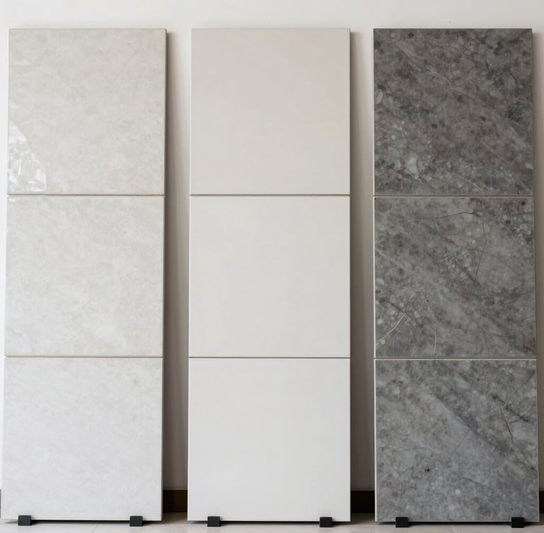 Straight-on clean architectural photograph of a modern tile showroom display in Jagatpura showing textured ceramic samples, bright neutral daylight, 35mm lens