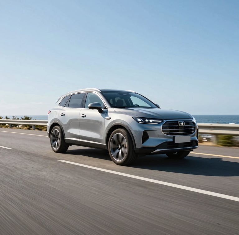 Wide cinematic shot of a modern SUV driving on a clean coastal highway during bright daylight, clear blue skies, high contrast, sharp focus on the vehicle.