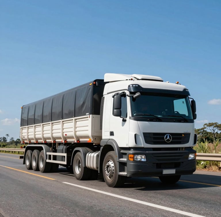 Wide environmental shot of a heavy-duty cargo truck driving on a clean Brazilian highway under bright daylight, clear blue sky, high contrast.