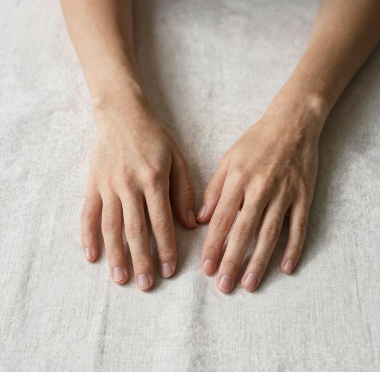 Close-up of hands resting on a clean light linen surface, soft natural daylight, minimalist composition, 35mm lens.