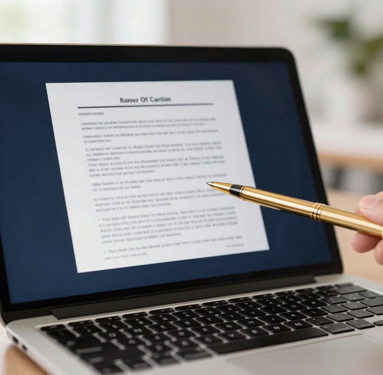 Modern digital workspace with a laptop displaying secure communication, a legal document on screen, and a subtle gold pen, soft natural daylight, shallow depth of field, 35mm