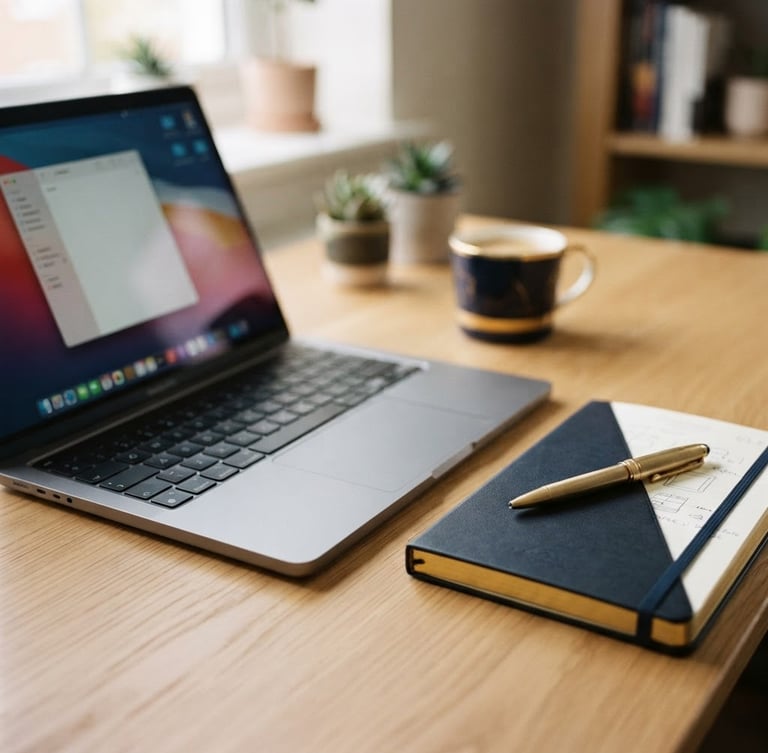 Close-up of a modern, minimalist digital workspace, a laptop open on a clean desk, with a high-quality notebook and pen beside it, soft natural daylight, deep navy and warm gold accents, shallow depth of field, 35mm