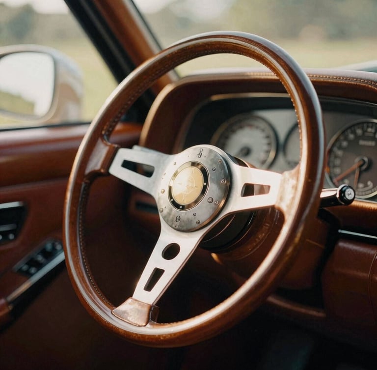 Close-up of a vintage luxury steering wheel and dashboard, warm golden-hour sunlight through the window, rich leather textures, medium format film style