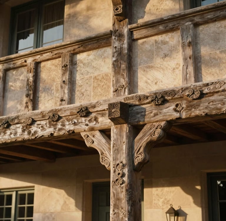 Close-up detail of historic timber framing and hand-carved stone masonry inside an estate, soft warm side-lighting, rich textures.
