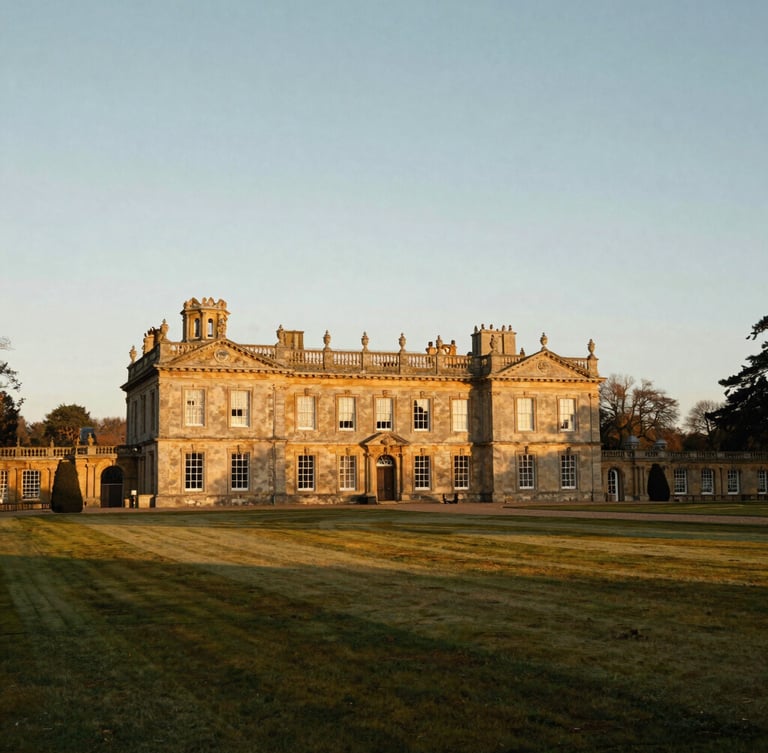 Wide environmental landscape of a historic stone estate at golden hour, low-angle natural sunlight casting soft warm shadows across manicured grounds.