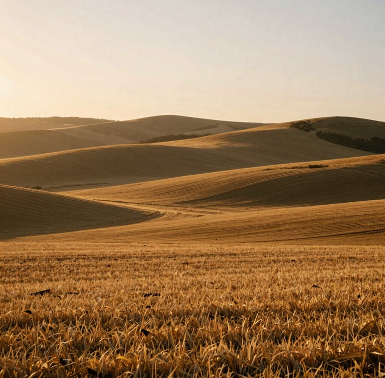 Wide environmental landscape of sun-drenched agricultural fields at golden hour, low-angle natural sunlight casting soft warm shadows over rolling hills, medium format film style.