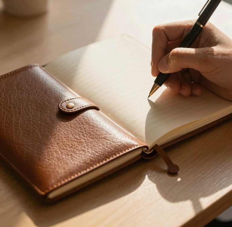 Extreme close-up of hands writing in a premium textured leather notebook on a clean minimalist wooden desk, soft morning sunlight, high-contrast shadows