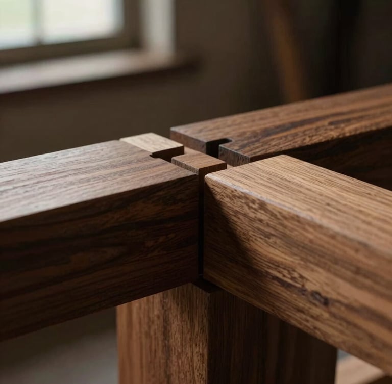 Extreme macro detail shot of interlocking mortise and tenon wood joints, rich walnut timber, moody side-lighting from workshop window, shallow depth of field