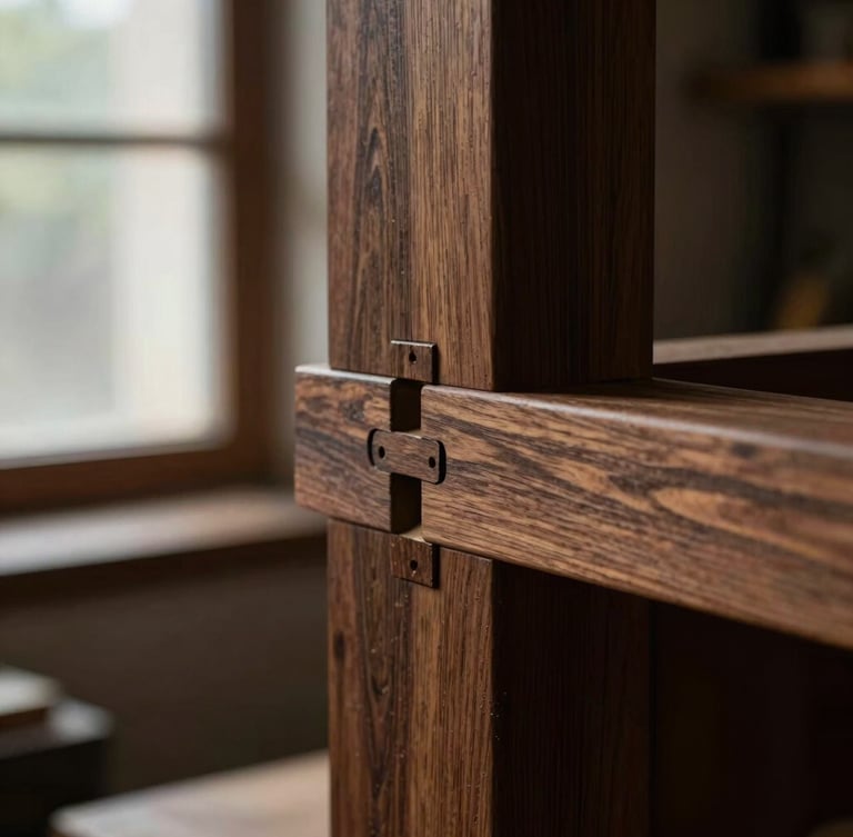 Extreme close-up of a mortise and tenon joint in dark walnut wood, low-key moody workshop window light, rich wood grains