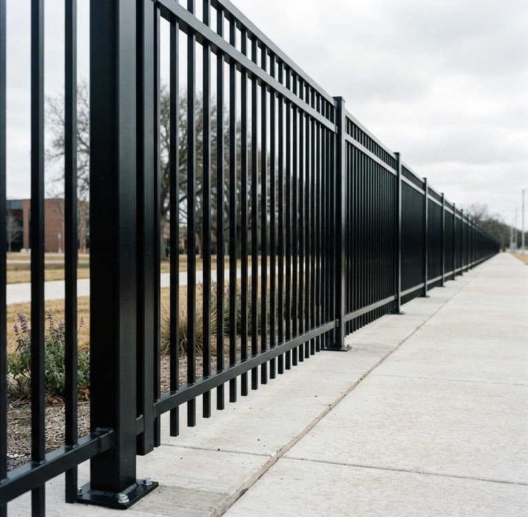 Low-angle architectural photograph of a perfectly aligned powder-coated steel fence, stretching into the distance under crisp overcast daylight, emphasizing height and strength, clean joinery.