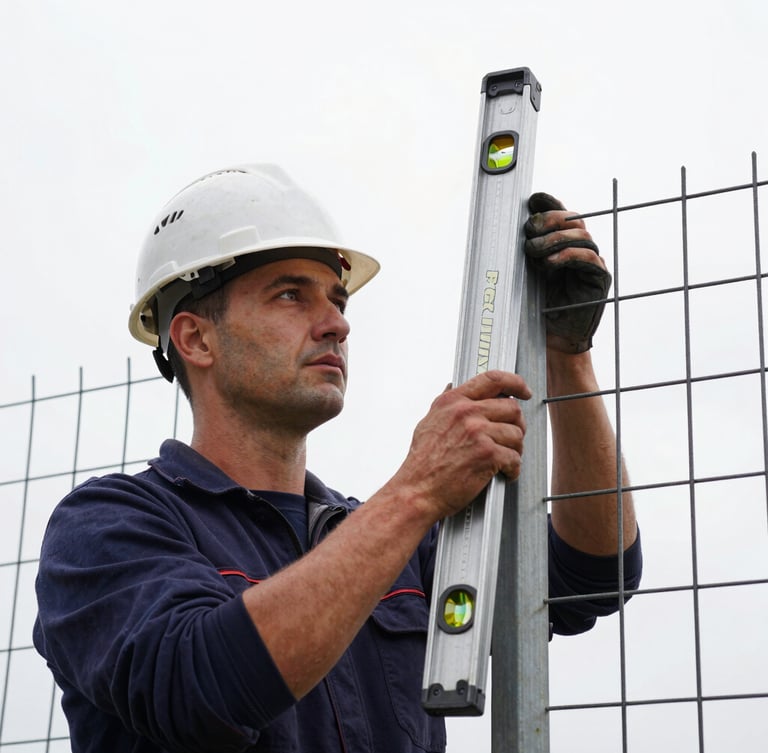 Close-up portrait, low-angle, of a skilled Perimix Fence builder, wearing a hard hat, meticulously checking the vertical alignment of a freshly set fence post with a long, professional level tool. High-contrast, sharp focus, overcast daylight, emphasizing precision and craftsmanship.