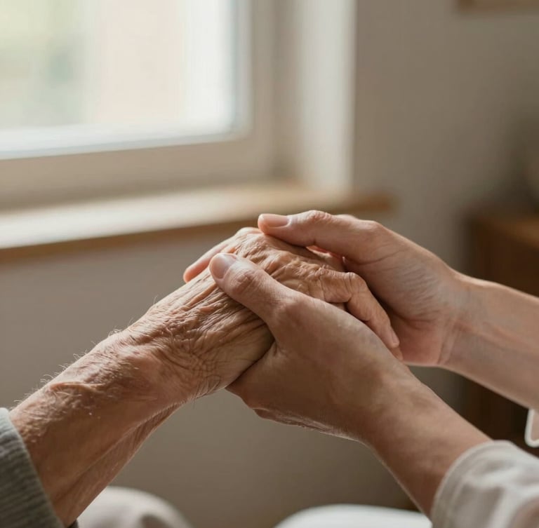 A close-up of a caregiver gently holding an elderly patient's hand under soft, warm window light, shallow depth of field, warm editorial photography.