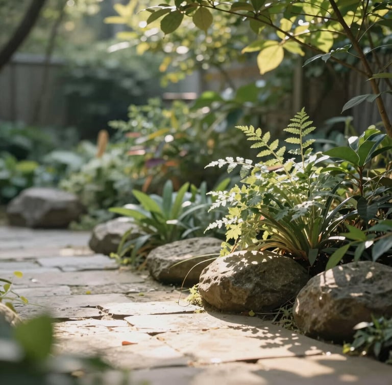 Serene garden corner with a stone path, soft green foliage, and warm sunlight filtering through leaves, peaceful sanctuary atmosphere, shallow depth of field.