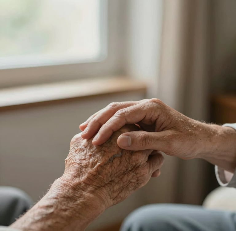 Close-up of a caregiver gently holding an elderly patient's hand, soft natural window light, warm tones, shallow depth of field