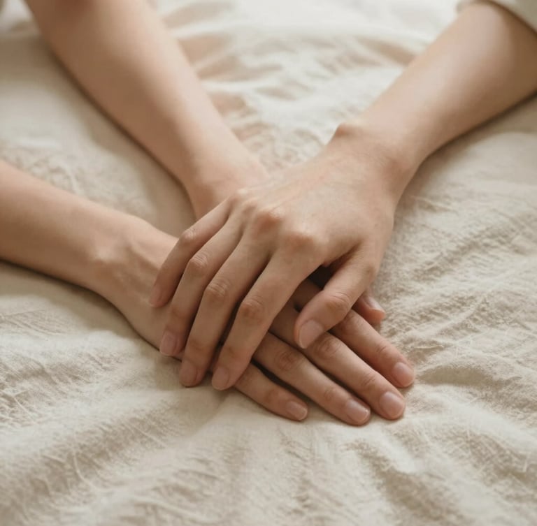 A close-up of two hands gently resting together on a soft cream linen sheet, bathed in warm, diffused morning light, expressing comfort and companionship.