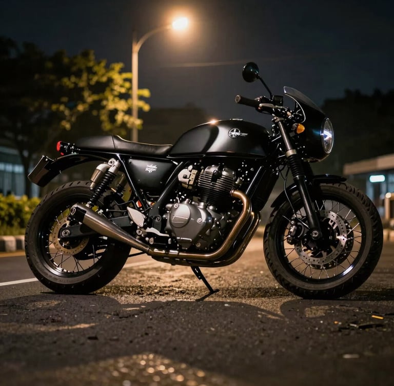 Low-angle dynamic shot of a matte-black cafe racer on Jakarta wet asphalt at night, sharp yellow sodium streetlamp glare reflecting on billet aluminum engine parts, high contrast shadows.