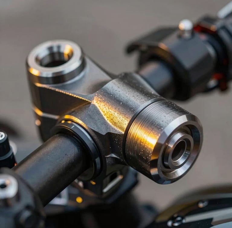 Extreme close-up of a CNC machined motorcycle triple clamp, raw tool marks visible, hard contrast lighting, dark metallic surface, yellow sodium glare reflection.