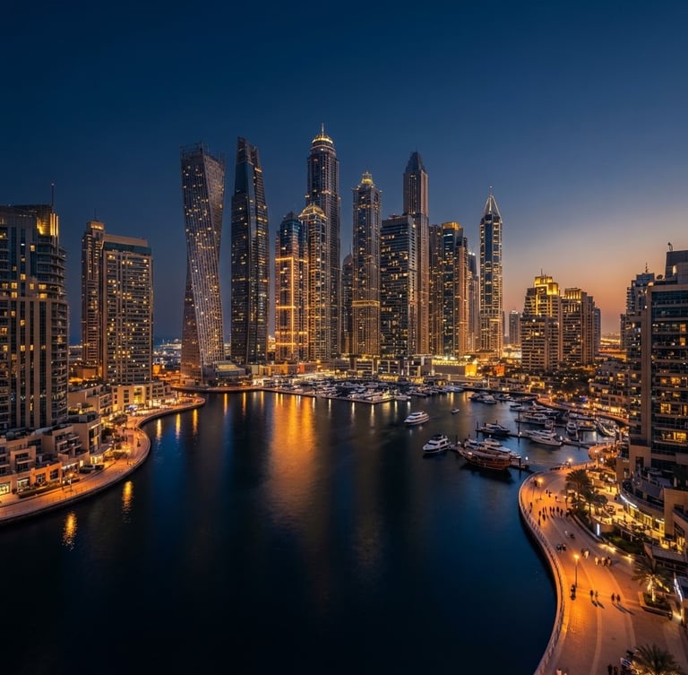 Dramatic wide-angle architectural shot of the Dubai Marina skyline at twilight, deep blue water reflecting warm gold tower lights, high-contrast geometric shadows, ultra-luxury editorial style.