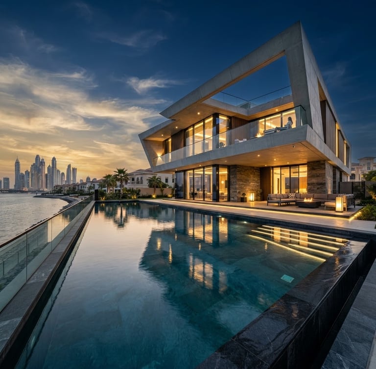 Dramatic low-angle architectural shot of a modern luxury villa in Palm Jumeirah at golden hour, sharp geometric concrete lines, reflecting pool in foreground, high-contrast twilight.