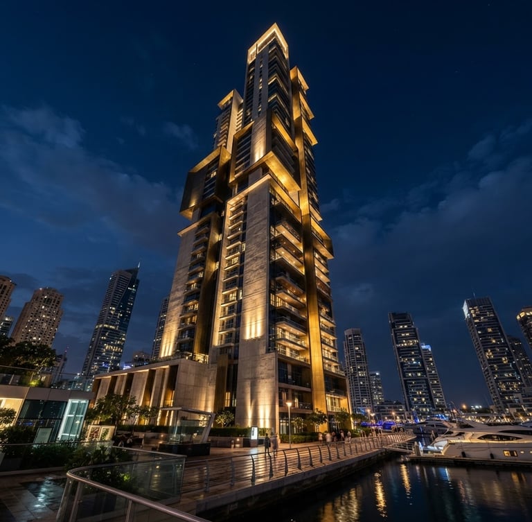 Cinematic twilight view of a cutting-edge luxury residential skyscraper in Dubai Marina, sharp geometric concrete lines, warm golden uplighting reflecting on brushed brass panels, deep navy sky, wide-angle low-perspective architectural photography.