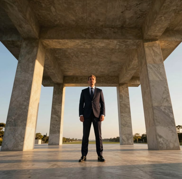 Low-angle architectural portrait of a principal architect in a dark tailored suit, standing in a sun-drenched concrete and marble pavilion, golden hour light, high-contrast shadows.