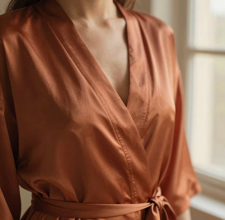 Close-up of elegant draped raw silk robe in warm terracotta clay tone, soft golden-hour window light, shallow depth of field, 35mm