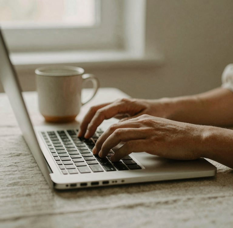 Intimate close-up of hands typing on a laptop next to a warm ceramic mug on a linen tablecloth, soft natural window light, muted sage and beige tones
