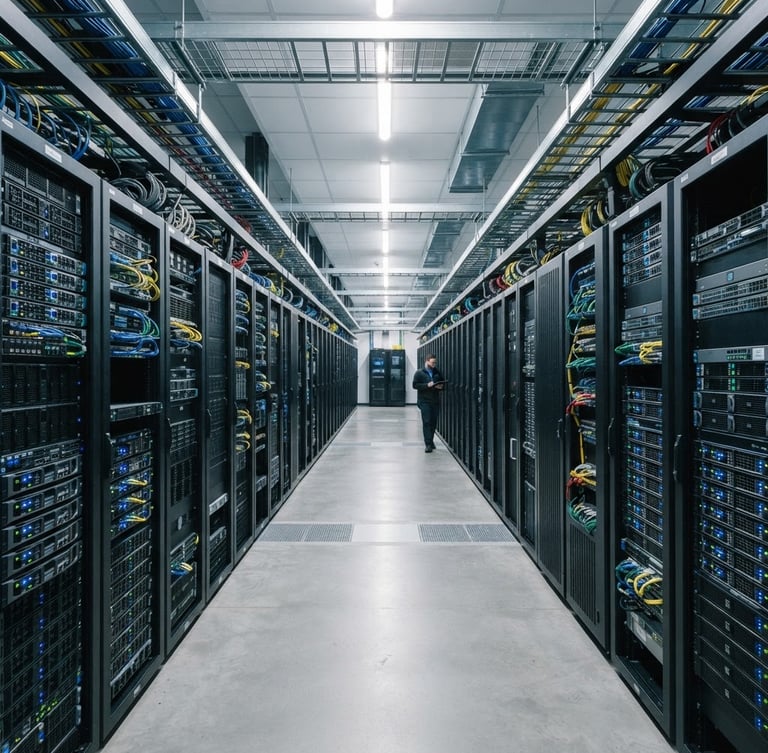 Wide shot of pristine server aisles with cool industrial lighting, deep slate and steel tones, sharp focus, 35mm lens