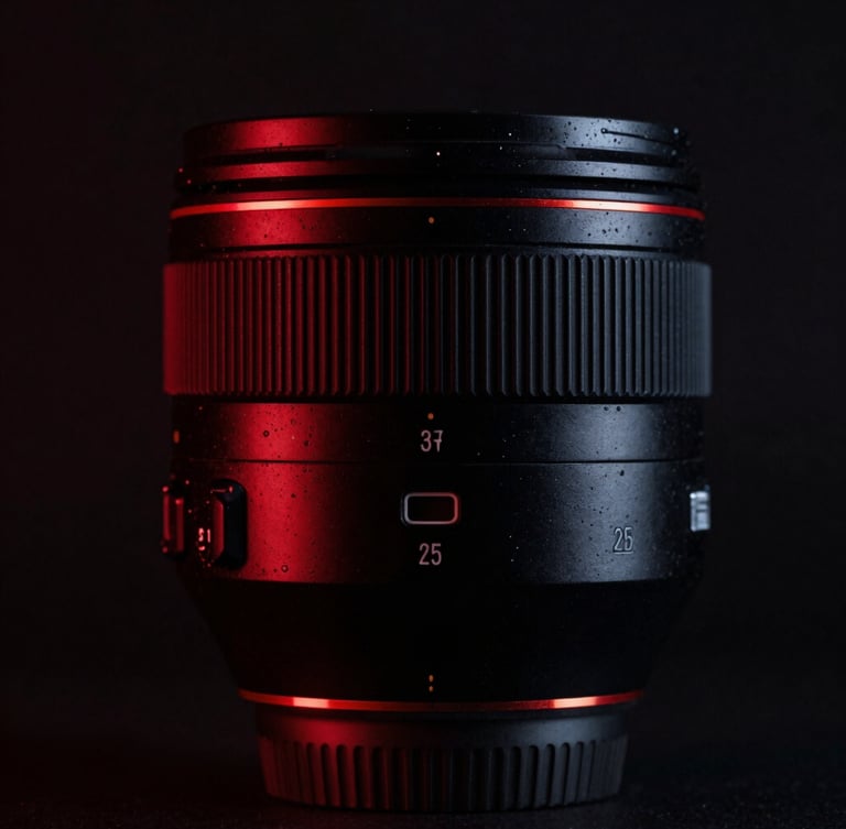 Cinematic close-up of a premium camera lens with subtle red neon reflections in a dark studio, moody luxury aesthetic, 35mm