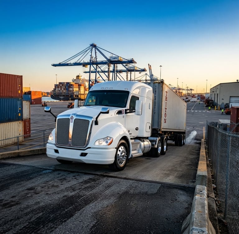 A low-angle heroic shot of a clean modern semi-truck at a Jacksonville terminal, bright morning sun, high-contrast industrial editorial style