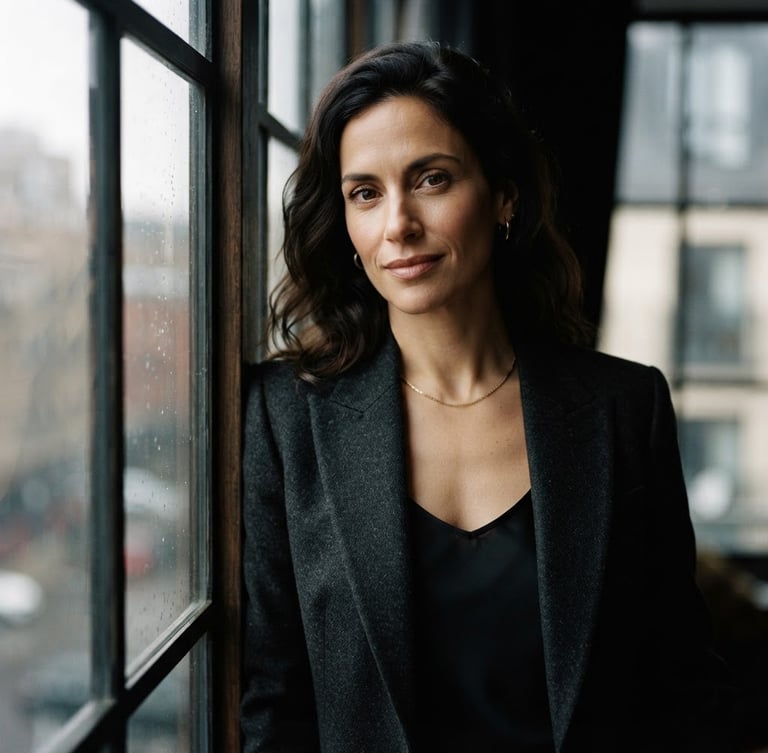 Cinematic editorial portrait of a confident woman in a dark tailored blazer, soft dramatic window light, rich monochrome tones, shallow depth of field, 85mm