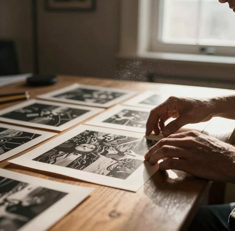 Hands of an artist arranging fine cinematic film frames on a heavy wooden desk, dramatic warm side light, atmospheric dust motes, shallow depth of field