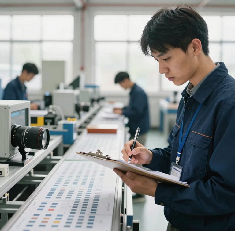 Bright natural daylight, industrial engineering student analyzing a physical production line layout with a clipboard, sharp focus, 35mm lens