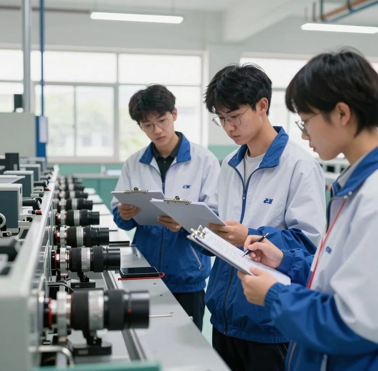 Clean industrial environment, bright natural daylight, students analyzing physical production lines with clipboards, realistic work setup, 35mm lens
