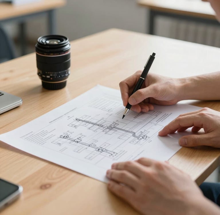 Bright natural daylight, close-up of hands-on problem solving over a printed workflow layout on a clean wooden table, 35mm lens